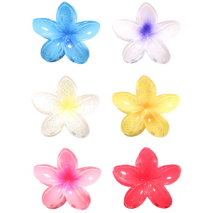 Pince crabe pour cheveux en forme de fleur en plastique de couleur avec paillettes. 6 coloris différents. Vendu à l'unité. Votre préférence en commentaire.