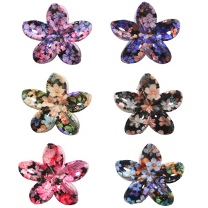Pince crabe à cheveux en forme de fleur avec des motifs de fleurs multicolore. 6 modèles différents. Votre préférence en commentaire.
