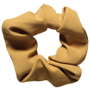 Chouchou élastique pour cheveux en textile de couleur jaune moutarde.