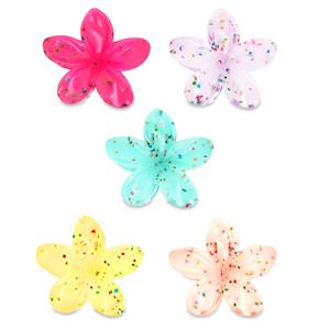 Pince crabe à cheveux en forme de fleurs de frangipanier, affichant un style à la fois tropical et festif. L'intérieur de la matière est parsemé de confettis colorés et de paillettes multi-formes, créant un effet fun et dynamique qui capte la lumière. 5 coloris différents. Vendu à l'unité. Votre préférence en commentaire.