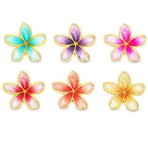 Pince à cheveux en forme de fleurs de frangipanier, arborant une couleur vibrante et estivale. Le cœur des pétales présente un effet vitrifié, avec des nuances dégradées qui captent la lumière. L'aspect est à la fois brillant et légèrement texturé. 6 coloris différents. Vendu à l'unité. Votre préférence en commentaires.