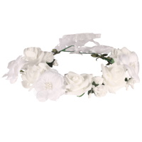 Serre-tête couronne de fleurs en fil de fer recouvert de textile de couleur verte et fleurs et feuilles en textile et plastique.
