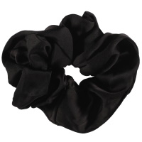 Chouchou élastique pour cheveux en textile satiné de couleur noire.
