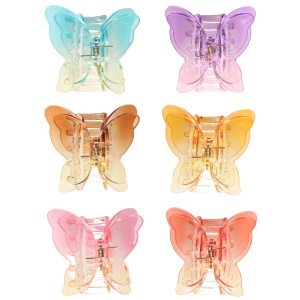 Pince crabe pour cheveux en forme de papillon en plastique de couleur transparent. 6 coloris différents. Vendu à l'unité. Votre préférence en commentaire.