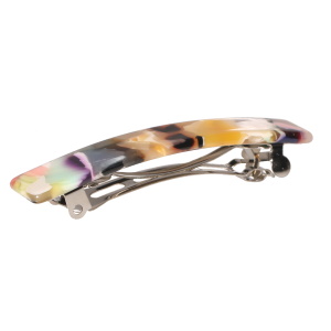 Barrette en plastique de couleur et en métal argenté.