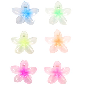 Pince crabe pour cheveux en forme de fleur en plastique de couleur. 6 coloris différents. Vendu à l'unité. Votre préférence en commentaire.