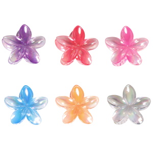 Pince crabe pour cheveux en forme de fleur en plastique de couleur. 6 coloris différents. Vendu à l'unité. Votre préférence en commentaire.