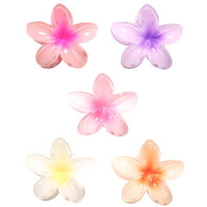 Pince crabe pour cheveux en forme de fleur en plastique de couleur. 5 coloris différents. Vendu à l'unité. Votre préférence en commentaire.