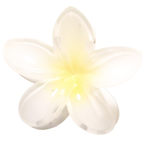 Pince crabe pour cheveux en forme de fleur en plastique de couleur blanc et jaune.