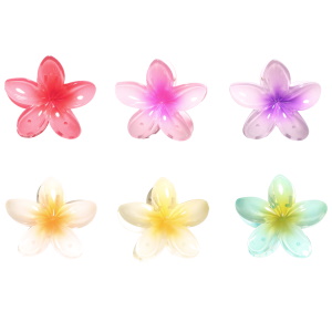 Pince crabe pour cheveux en forme de fleur en plastique de couleur. 6 coloris différents. Vendu à l'unité. Votre préférence en commentaire.