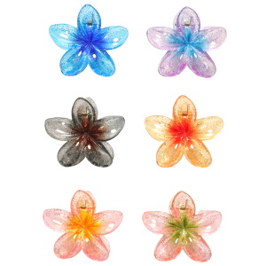 Pince crabe en forme de fleur en plastique de couleur pailletée. 6 coloris différents. Vendu à l'unité. Votre préférence en commentaire.