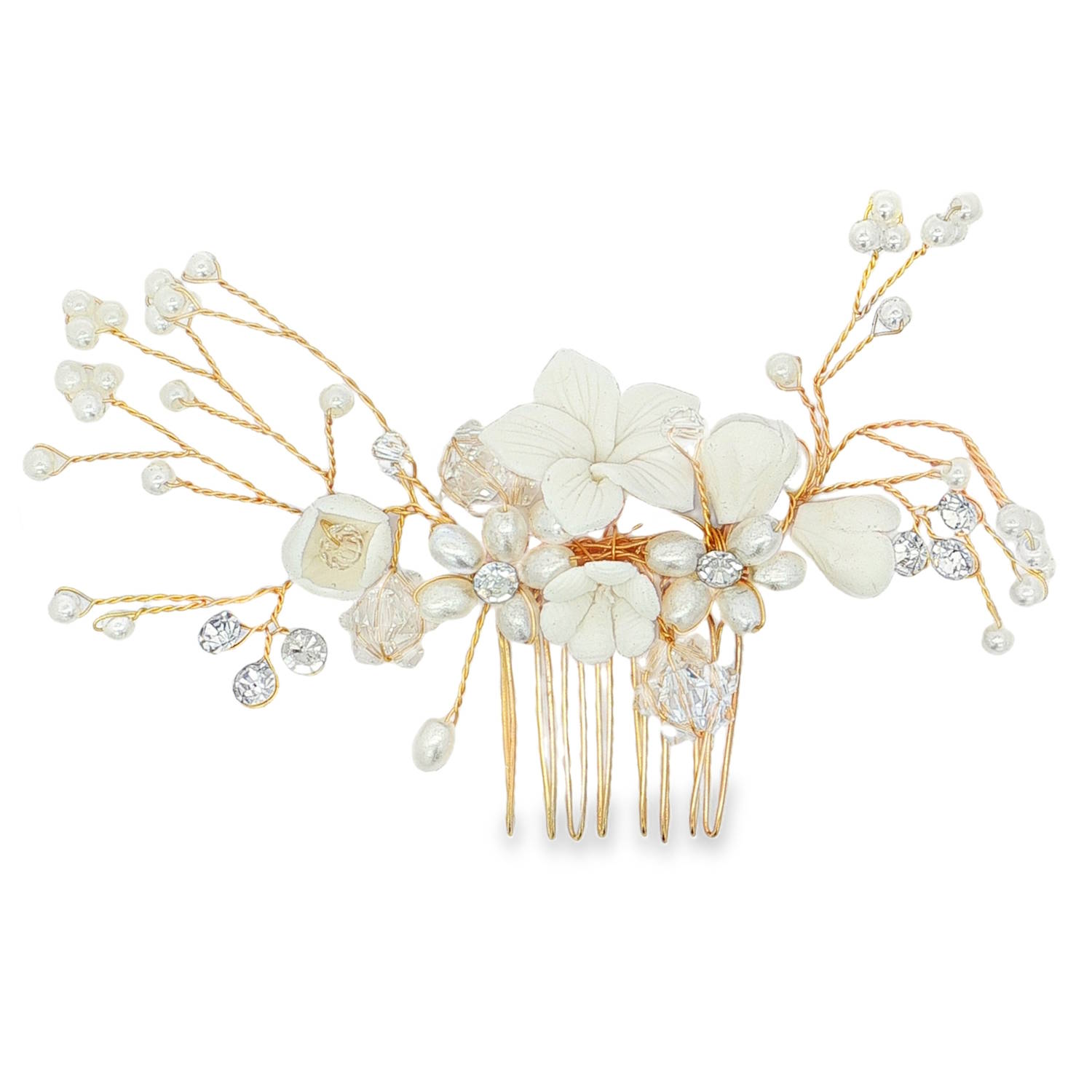 Sublime peigne orné de délicates perles nacrées et de fleurs blanches, monté sur une structure en métal doré.<br/>Cet accessoire de coiffure unique apportera une touche d'élégance et de raffinement à votre coiffure de mariée ou de soirée.<br/>Son design sophistiqué en fait un bijou parfait pour sublimer votre look. Perle Adolescent Adulte Femme Fiançailles Fille Fleurs Indémodable Mariage Nature Sublime peigne orné de délicates perles nacrées et de fleurs blanches, monté sur une structure en métal doré.<br/>Cet accessoire de coiffure unique apportera une touche d'élégance et de raffinement à votre coiffure de mariée ou de soirée.<br/>Son design sophistiqué en fait un bijou parfait pour sublimer votre look. Perle Adolescent Adulte Femme Fiançailles Fille Fleurs Indémodable Mariage Nature