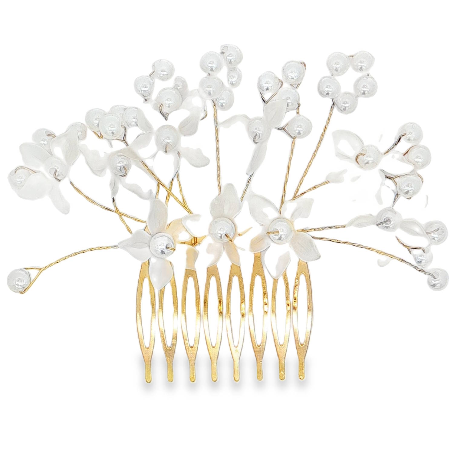 Cet élégant peigne à cheveux ornée de fleurs blanches délicates et de perles nacrées est l'accessoire parfait pour sublimer une coiffure de mariage ou une occasion spéciale.<br/>Sa structure dorée apporte une touche de sophistication et de raffinement. Perle Adolescent Adulte Femme Fiançailles Fille Fleurs Indémodable Mariage Nature Cet élégant peigne à cheveux ornée de fleurs blanches délicates et de perles nacrées est l'accessoire parfait pour sublimer une coiffure de mariage ou une occasion spéciale.<br/>Sa structure dorée apporte une touche de sophistication et de raffinement. Perle Adolescent Adulte Femme Fiançailles Fille Fleurs Indémodable Mariage Nature