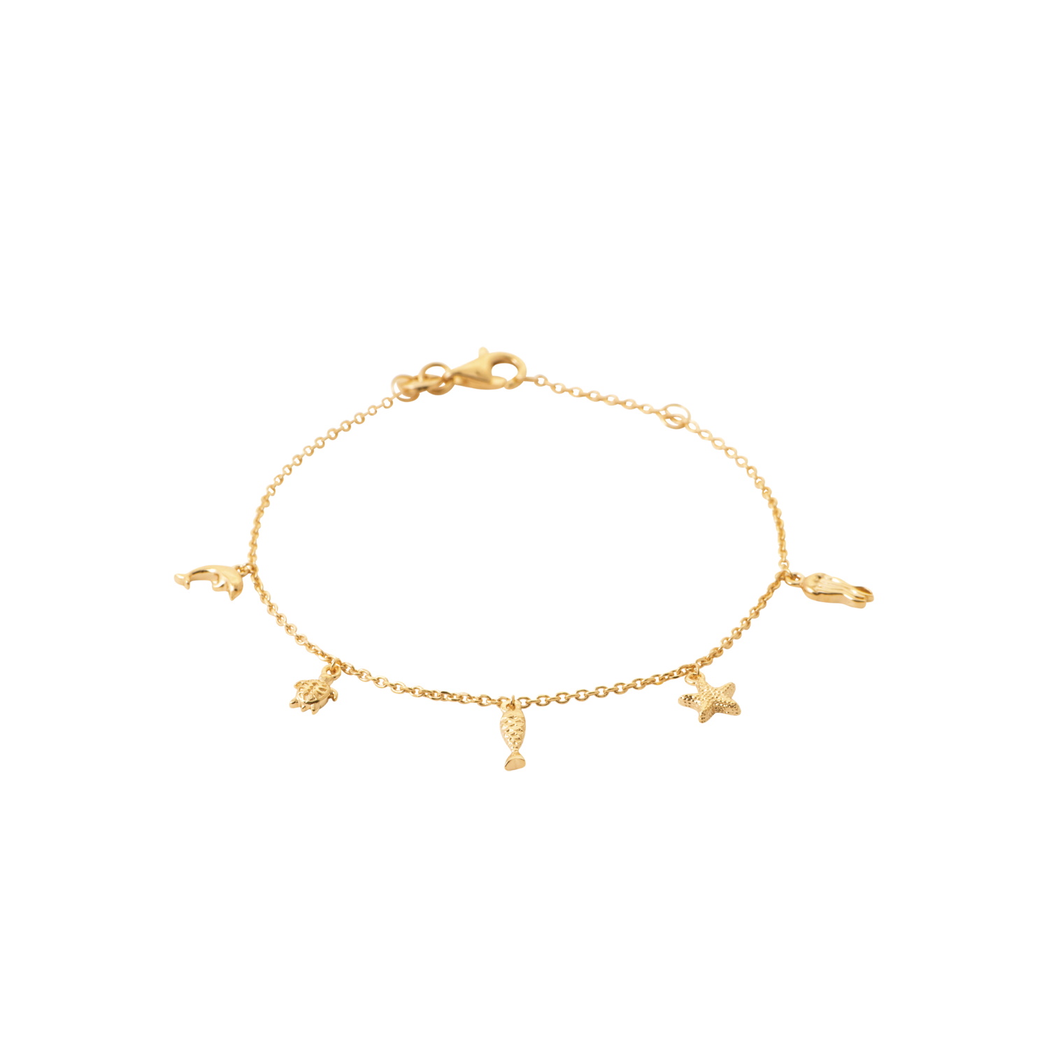 Bracelet avec pampilles étoile de mer, dauphin, poisson et pieuvre en plaqué or jaune 18 carats. Dauphin Poisson Adolescent Adulte Animaux Femme Fille Indémodable Nature Bracelet avec pampilles étoile de mer, dauphin, poisson et pieuvre en plaqué or jaune 18 carats. Dauphin Poisson Adolescent Adulte Animaux Femme Fille Indémodable Nature