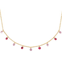 Collier composé d'une chaîne en plaqué or jaune 18 carats et pampilles en pierres synthétiques de couleur rose. Fermoir mousqueton avec 5 cm de rallonge.