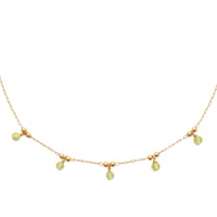 Collier composé d'une chaîne en plaqué or jaune 18 carats et de 5 perles pendantes en véritable pierre de péridot. Fermoir mousqueton avec 5 cm de rallonge.