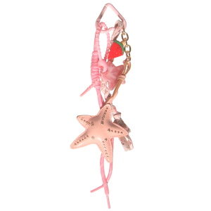 Porte-clés fantaisie avec des franges en textile multicolore, d'une étoile rose en simili cuir, d'une étoile rose, d'une tranche de pastèque.