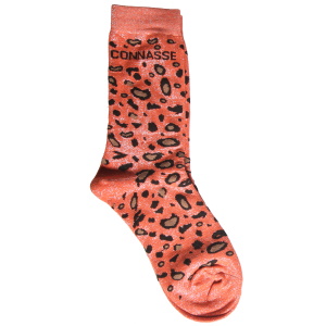 Paire de chaussettes montantes scintillantes avec l'inscription Connasse et avec motif léopard.