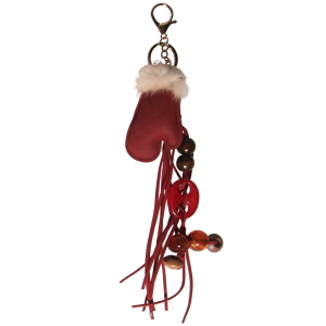 Porte-clés fantaisie composé de perles, de franges en suédine et d'une petite moufle.