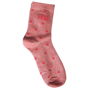 Paire de chaussettes scintillantes avec l'inscription Love more avec des motifs de coeurs.