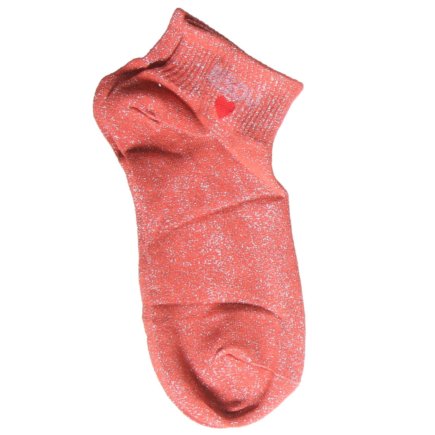 Paire de chaussettes courtes (style socquette) conçue dans un textile scintillant. Elle se distingue par son aspect festif et sa couleur chaleureuse.<br/>La base est d'un rose terracotta. Le tissu est entièrement parsemé de fils lurex argentés, ce qui lui donne un fini brillant et pailleté très prononcé.<br/>Un petit cœur rouge brodé est visible sur le côté de la cheville, juste en dessous du bord-côte avec l'inscription BISOU en violet clair.<br/>70% Polyester 30% Elasthanne. Coeur Adolescent Adulte Amour Enfant Femme Fille Indémodable Message Paire de chaussettes courtes (style socquette) conçue dans un textile scintillant. Elle se distingue par son aspect festif et sa couleur chaleureuse.<br/>La base est d'un rose terracotta. Le tissu est entièrement parsemé de fils lurex argentés, ce qui lui donne un fini brillant et pailleté très prononcé.<br/>Un petit cœur rouge brodé est visible sur le côté de la cheville, juste en dessous du bord-côte avec l'inscription BISOU en violet clair.<br/>70% Polyester 30% Elasthanne. Coeur Adolescent Adulte Amour Enfant Femme Fille Indémodable Message