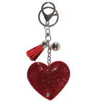 Porte-clés fantaisie en forme de cœur en suédine et strass de couleur rouge.