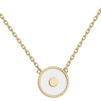 Collier composé d'une chaîne en plaqué or jaune 18 carats et d'un pendentif pastille ronde pavée d'émail de couleur blanche. Fermoir anneau ressort avec 4 cm de rallonge.