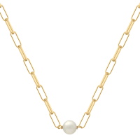 Collier composé d'une chaîne maille allongée en plaqué or jaune 18 carats et d'une véritable perle blanche d'eau douce.