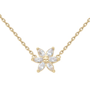 Collier composé d'une chaîne en plaqué or jaune 18 carats et d'un pendentif fleur sertie d'oxydes de zirconium blancs. Fermoir anneau ressort avec 4 cm de rallonge.