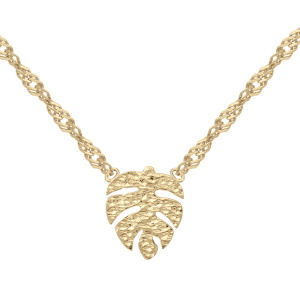 Collier composé d'une chaîne et d'un pendentif feuille philodendron en plaqué or jaune 18 carats. Fermoir anneau ressort avec 3 cm de rallonge.