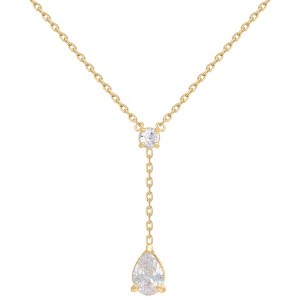 Collier composé d'une chaîne en plaqué or jaune 18 carats, d'un oxyde de zirconium blanc serti 4 griffes et d'un pendentif serti d'un oxyde de zirconium blanc en forme de goutte. Fermoir anneau ressort avec 3.5 cm de rallonge.