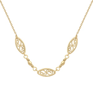 Collier composé d'une chaîne et trois motifs filigranes en plaqué or jaune 18 carats. Fermoir anneau ressort avec 5 cm.