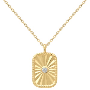 Collier composé d'une chaîne en plaqué or jaune 18 carats et d'un pendentif médaillon rectangulaire avec motifs ciselés et serti d'un oxyde de zirconium blanc. Fermoir anneau ressort avec 4 cm de rallonge.