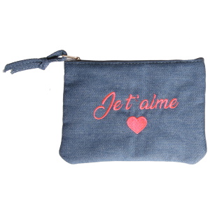 Pochette de couleur denim avec le message Je t'aime et le dessin d'un cœur.