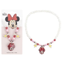 Collier élastique Minnie Mouse pour enfant avec perles de couleur, pendentifs marguerite et un médaillon représentant Minnie Mousse.