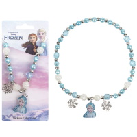 Collier élastique la Reine des neiges pour enfant avec perles de couleur, pendentifs flocons de neige en métal argenté et un médaillon représentant Elsa.