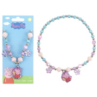 Collier élastique Peppa Pig pour enfant avec perles de couleur, pendentifs fleurs et un médaillon représentant Peppa Pig.