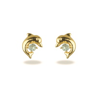 Boucles d'oreilles puces en forme de dauphin en plaqué or jaune 18 carats sertis 4 griffes d'une pierre aqua d'imitation.