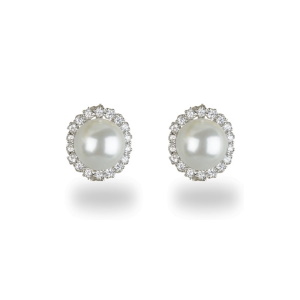 Boucles d'oreilles puces ronde en argent 925 rhodié pavées d'oxydes de zirconium blancs et surmontées d'une perle d'imitation.
