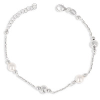 Bracelet composé d'une chaîne avec boules martelées en argent 925/000 rhodié et de perles blanches. Fermoir mousqueton avec 3 cm de rallonge.