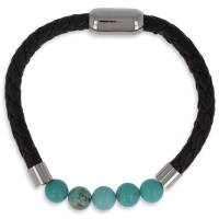 Bracelet en acier argenté et en cuir véritable avec 5 perles en véritable pierre turquoise.