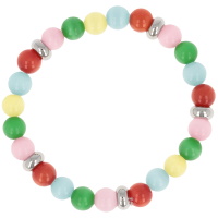Bracelet élastique composé de perles cylindriques en acier argenté et de perles d'opales d'imitation multicolores.