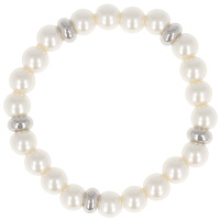 Bracelet élastique composé de perles cylindriques en acier argenté et de perles d'imitation.