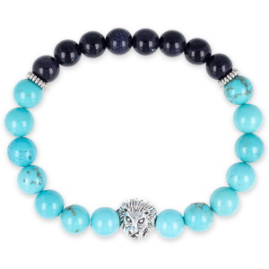 Bracelet élastique composé de perles de couleur bleue, de perles en pierre d'imitation turquoise et d'une tête de lion en acier argenté.