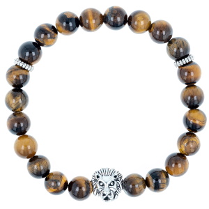Bracelet élastique composé de perles en pierre d'imitation œil de tigre et d'une tête de lion en acier argenté.