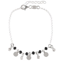 Bracelet composé d'une chaîne avec pampilles rondes lisses en argent 925/000 rhodié, 4 pampilles rondes d'oxydes de zirconium blancs serties clos et des perles de couleur noire.