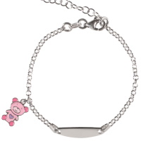 Bracelet gourmette pour enfant en argent 925/000 avec un pendant ourson pavé d'émail de couleur. Fermoir mousqueton avec 3 cm de rallonge.