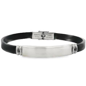 Ce bracelet jonc masculin associe l'élégance du cuir noir à la robustesse de l'acier inoxydable. Il est doté d'une plaque centrale personnalisable et d'un fermoir sécurisé, parfait pour un style à la fois moderne et intemporel.