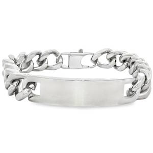 Ce bracelet pour homme allie robustesse et élégance moderne. Son design affirmé s'inspire de la gourmette classique, revisitée avec des finitions contemporaines. Au cœur du bijou se trouve une plaque d'identité rectangulaire et légèrement incurvée pour épouser parfaitement la forme du poignet. Sa surface lisse et polie est prête à recevoir une gravure (nom, date ou message). La chaîne est composée de maillons larges et plats, offrant un aspect massif et une grande résistance. L'articulation fluide des maillons assure un confort optimal au porté. Équipé d'un fermoir à cliquet robuste et discret, garantissant que le bijou reste bien en place tout au long de la journée.