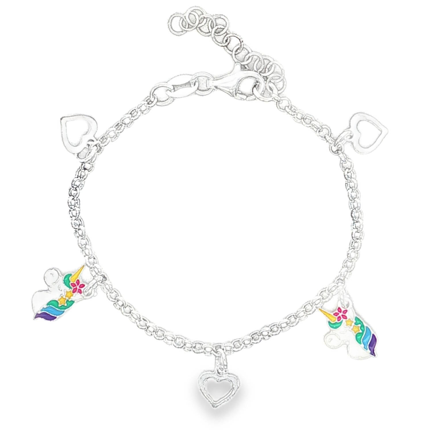 Ce ravissant bracelet à breloques en argent 925/000 est orné de motifs fantaisistes.<br/>Son design délicat est rehaussé par des breloques ludiques en forme de licornes colorées et de petits cœurs ajourés.<br/>Un accessoire charmant pour ajouter une touche de magie à votre quotidien. Coeur Adolescent Amour Animaux Enfant Femme Fille Indémodable Symboles Ce ravissant bracelet à breloques en argent 925/000 est orné de motifs fantaisistes.<br/>Son design délicat est rehaussé par des breloques ludiques en forme de licornes colorées et de petits cœurs ajourés.<br/>Un accessoire charmant pour ajouter une touche de magie à votre quotidien. Coeur Adolescent Amour Animaux Enfant Femme Fille Indémodable Symboles